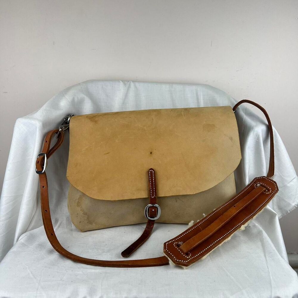 Vintage 80s Tan Leather Satchel with Brown Leather Strap and Buckle